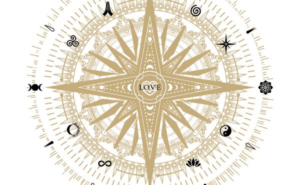 Illustratie van het Ritual Compass met liefde in het midden en spirituele symbolen rond een goudkleurige sterrenuitbarsting.